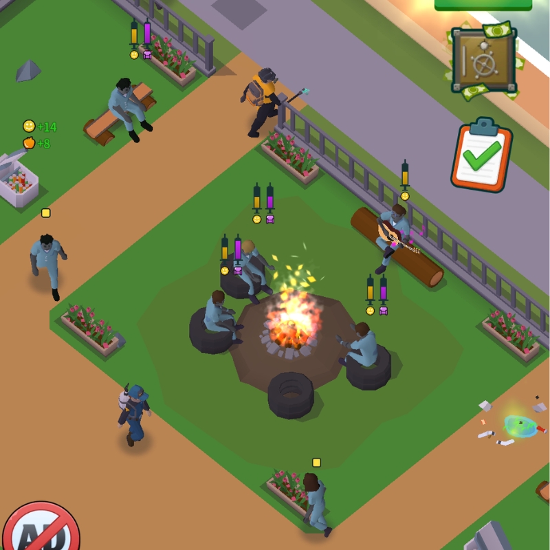 治療の合間にゾンビが焚き火を囲んで過ごす娯楽エリアの様子