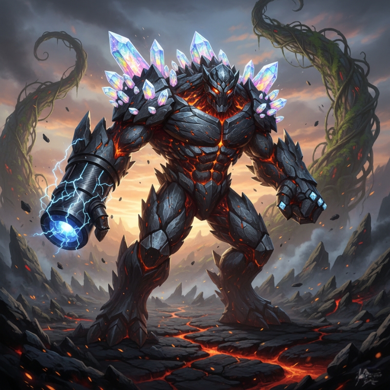 溶岩と結晶をまとった炭素イメージのリアル調キャラクター