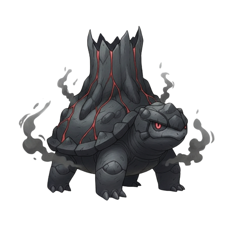火山のような甲羅を持つ炭素モチーフの亀型キャラクター