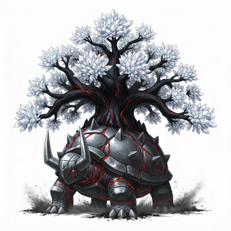 ダイヤモンドの葉を持つ樹木と亀が融合した炭素キャラクター