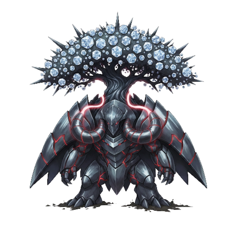 ダイヤモンドの樹冠を背負った炭素モチーフの守護者キャラクター