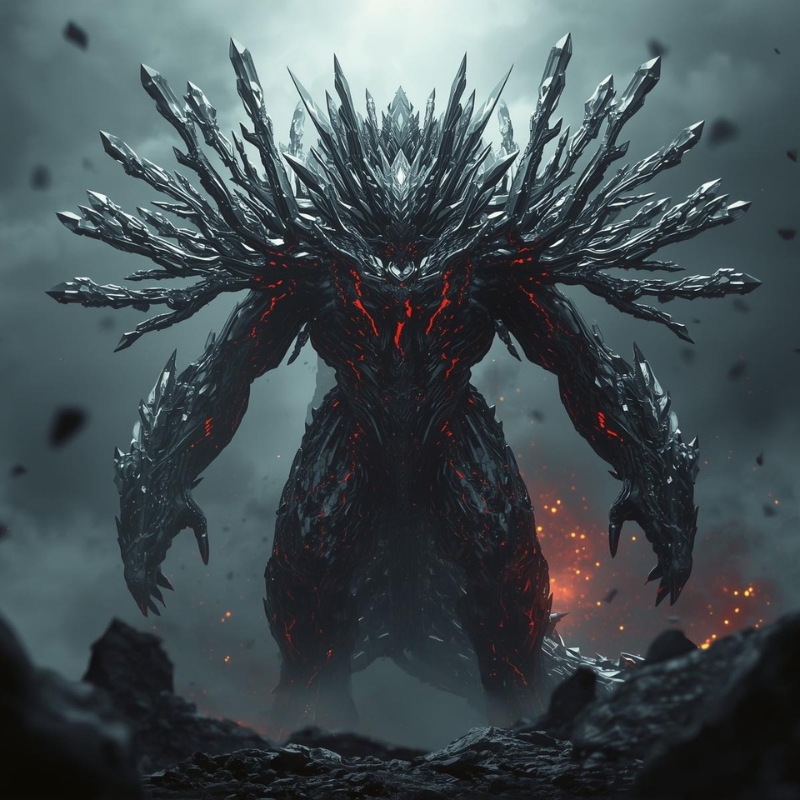 鋭い結晶が集合した炭素イメージの巨大キャラクター