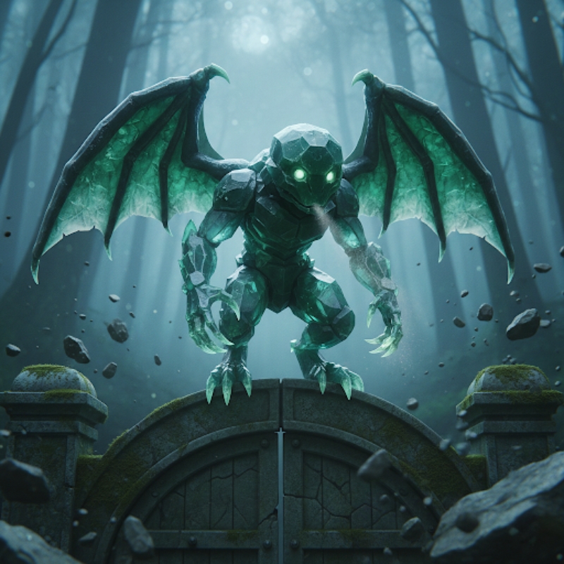 ベリリウムの元素キャラ。翼を持ち、門の上で周囲を見守る中間のかたち。目立たずに構造や境界を支える性質をイメージしている。