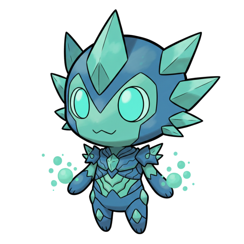 ベリリウムの元素キャラ案。可愛らしく親しみやすい姿だが、全体の世界観よりも柔らかく、構造や支えるイメージが弱いためボツとなったデザイン。