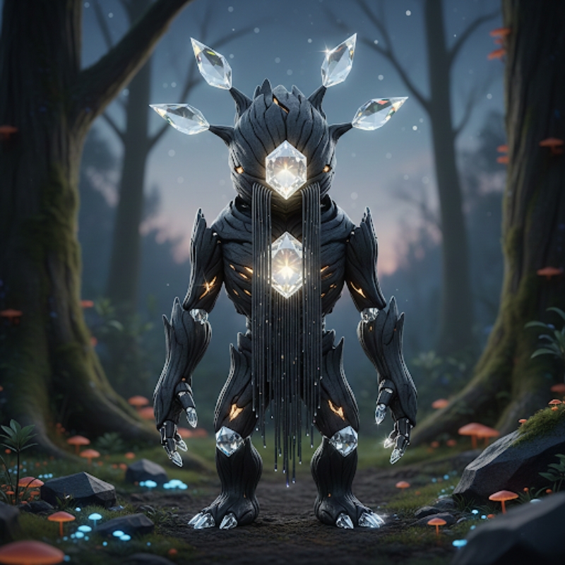 炭素（C）の元素キャラ・完成のかたち。結晶と構造が一体となり、世界を形づくる存在を表した姿