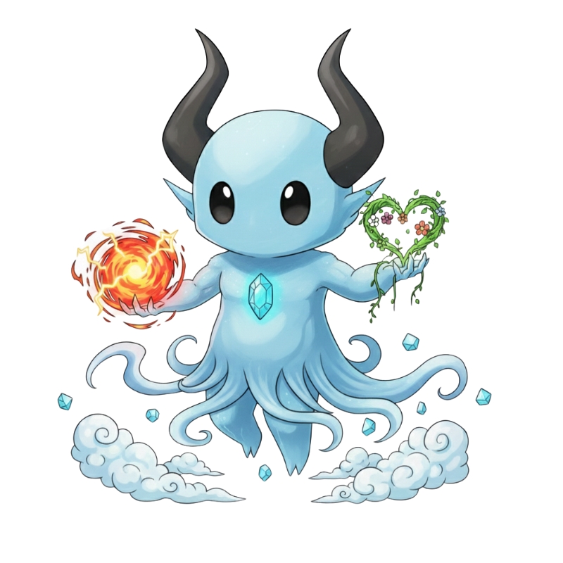 窒素キャラクター別案：火と生命のエネルギーを両手に持つ青い窒素の姿