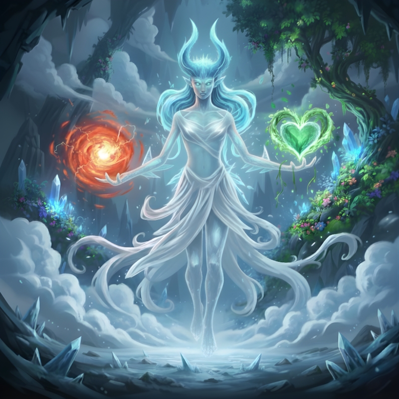 窒素キャラクター別案：幻想的な女神の姿で生命とエネルギーを象徴する窒素の表現