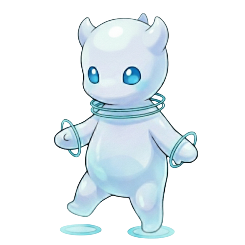 窒素キャラクター小：空気のように静かに満ちる姿。白くやわらかな体に淡いリングをまとった元素キャラ