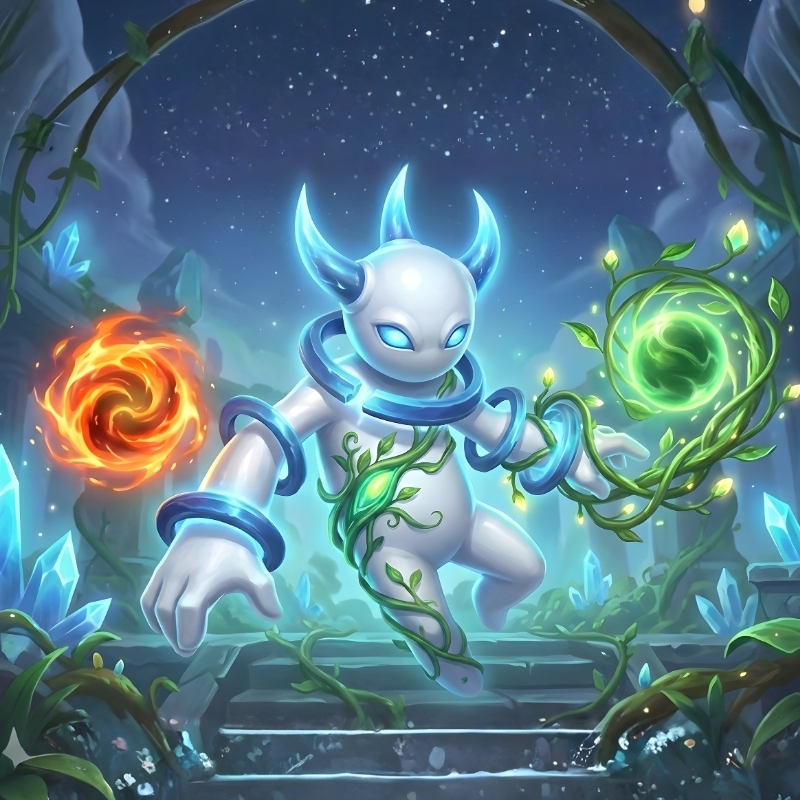 窒素キャラクター中：生命と結びつく姿。緑のツタとエネルギーをまとい、他元素とつながる窒素のかたち