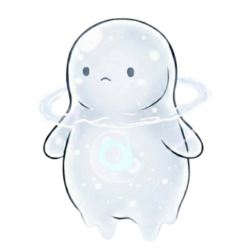 酸素キャラクター小：淡く透き通った体と静かな表情を持つ、呼吸を象徴する酸素のはじまりの姿
