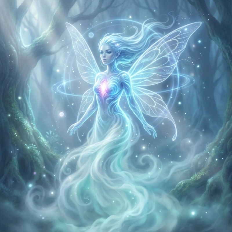 酸素キャラクター大：青白く輝く光と幻想的な羽を持ち、森の中で神秘的に佇む酸素の広がる姿