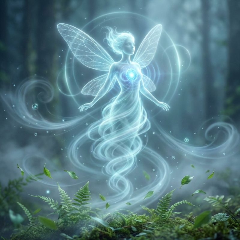 酸素キャラクター別案：森の中で青白い光を放ち、胸に輝きを宿した循環を象徴する酸素の姿