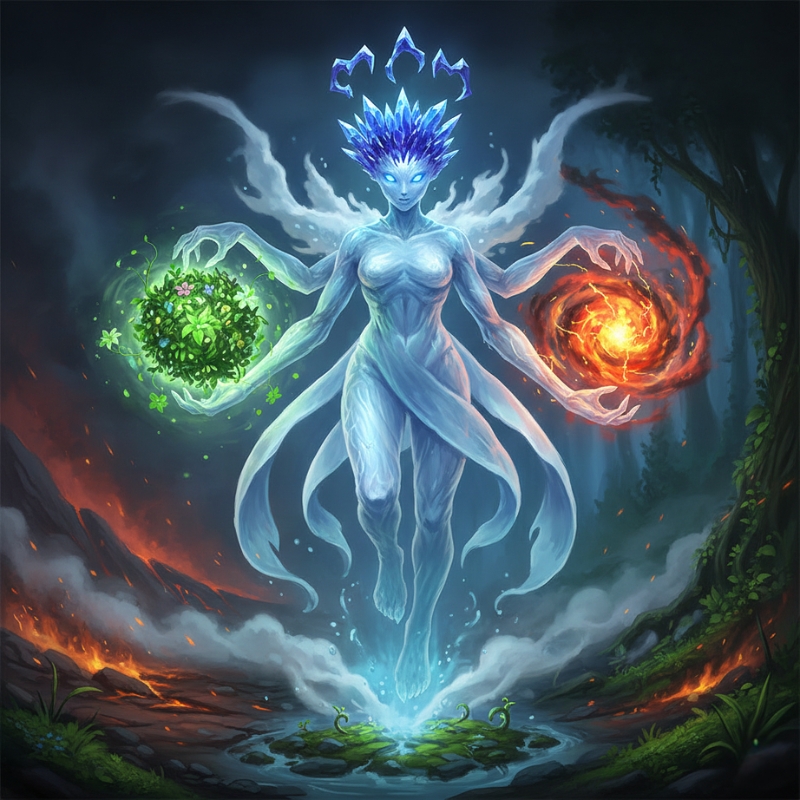 酸素キャラクター別案：植物と炎を両手に抱え、助燃性と生命の両面を象徴する力強い酸素の姿