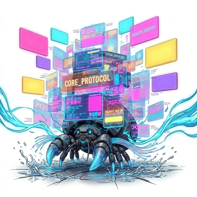 カラフルなUIパネルとコア構造を持つネオンの情報体のような存在