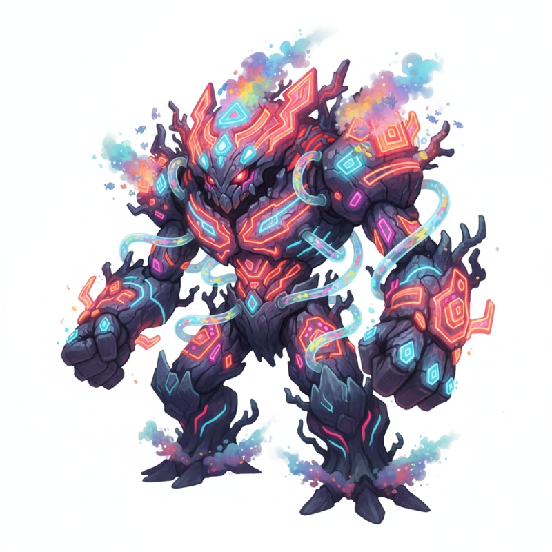 ネオンの光と結晶が融合した巨大なゴーレムのような存在