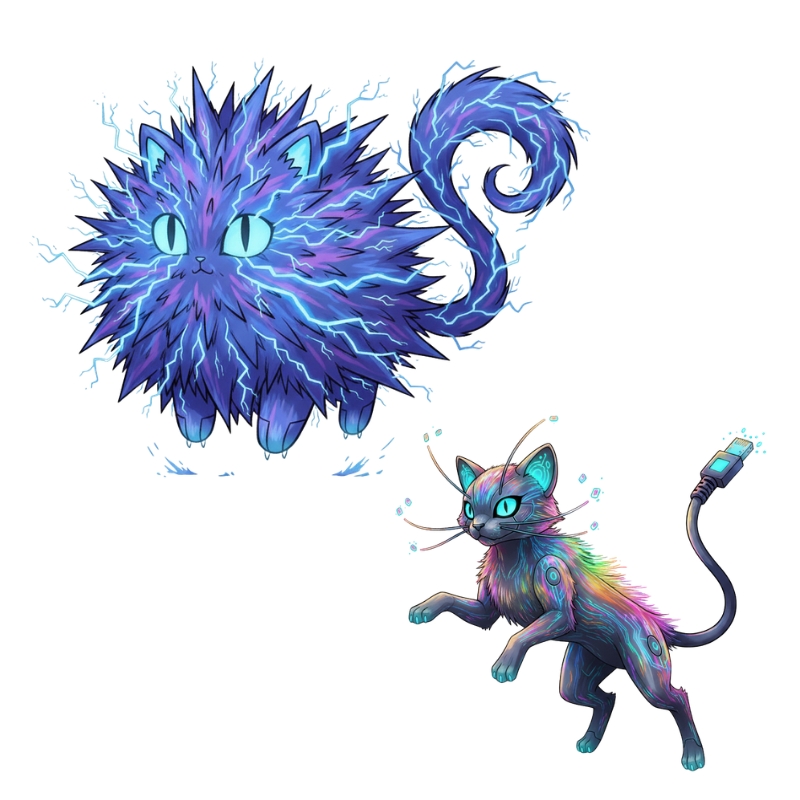 電気のような光をまとい毛が逆立つ丸いネオン、ケーブルの尾を持つカラフルなネオン猫のデジタル風キャラクター