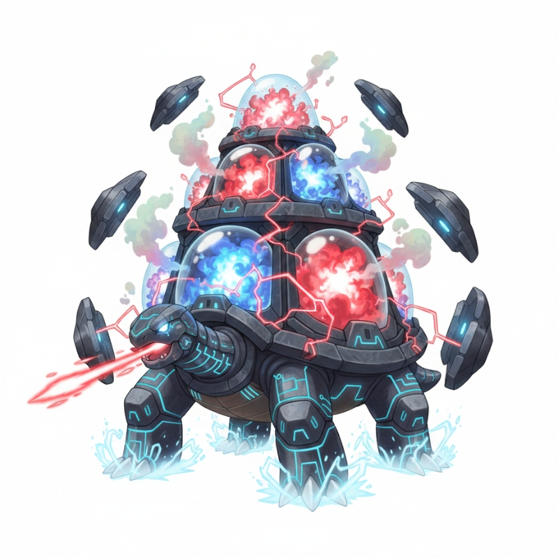 赤と青のエネルギーを内包した装甲の亀型ネオンキャラクター