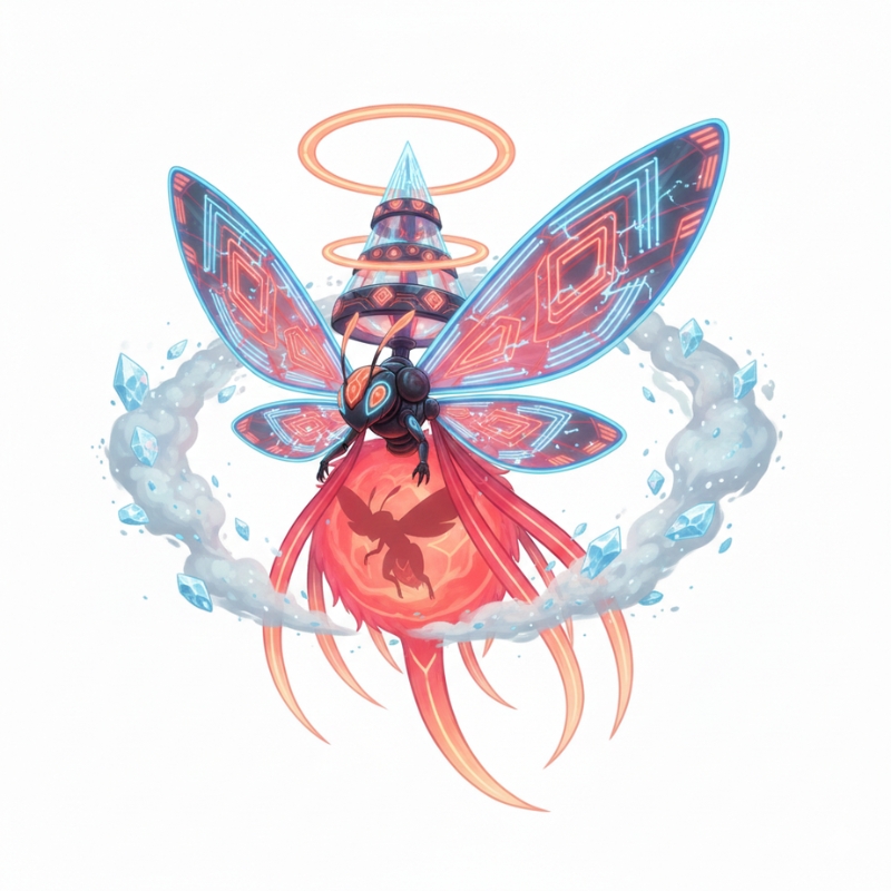 ネオンの光を放つ球体と電子回路の羽を持つ発光体のキャラクター