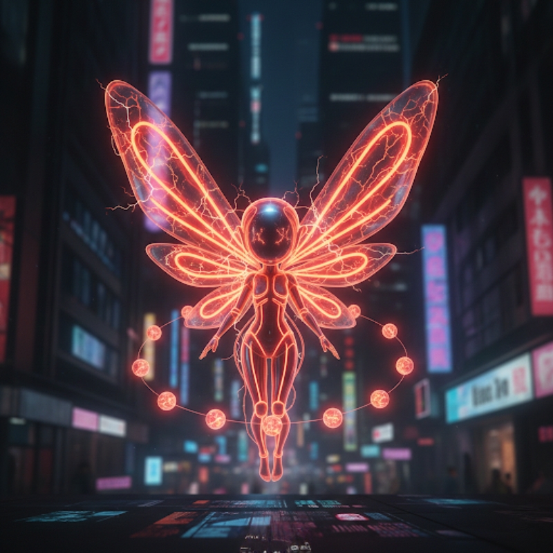赤いネオン光で構成された羽を持つ都市に浮かぶ精霊のような存在