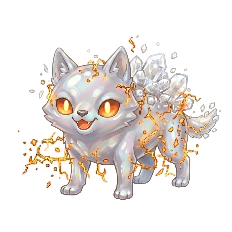 ナトリウム元素キャラクター 小 はじまりのかたち 発光する目とひび割れた体に結晶を持つ猫