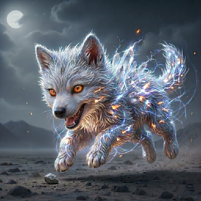 ナトリウム元素キャラクター 中 反応するかたち 電気のようなエネルギーをまとい跳ねるオオカミ