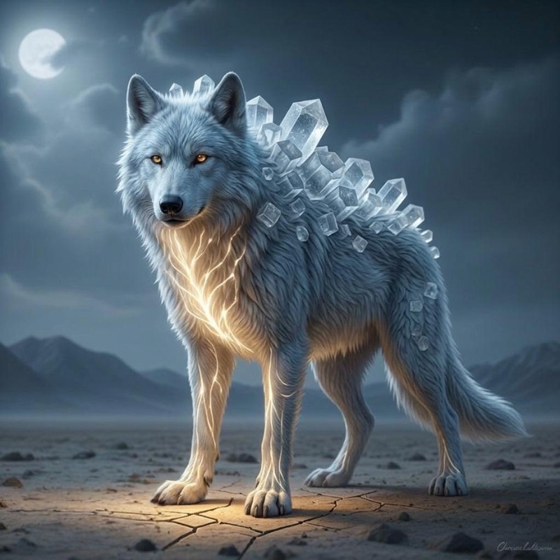 ナトリウム（Na）元素キャラクター 大 本質のかたち 結晶を背負い安定して発光する狼