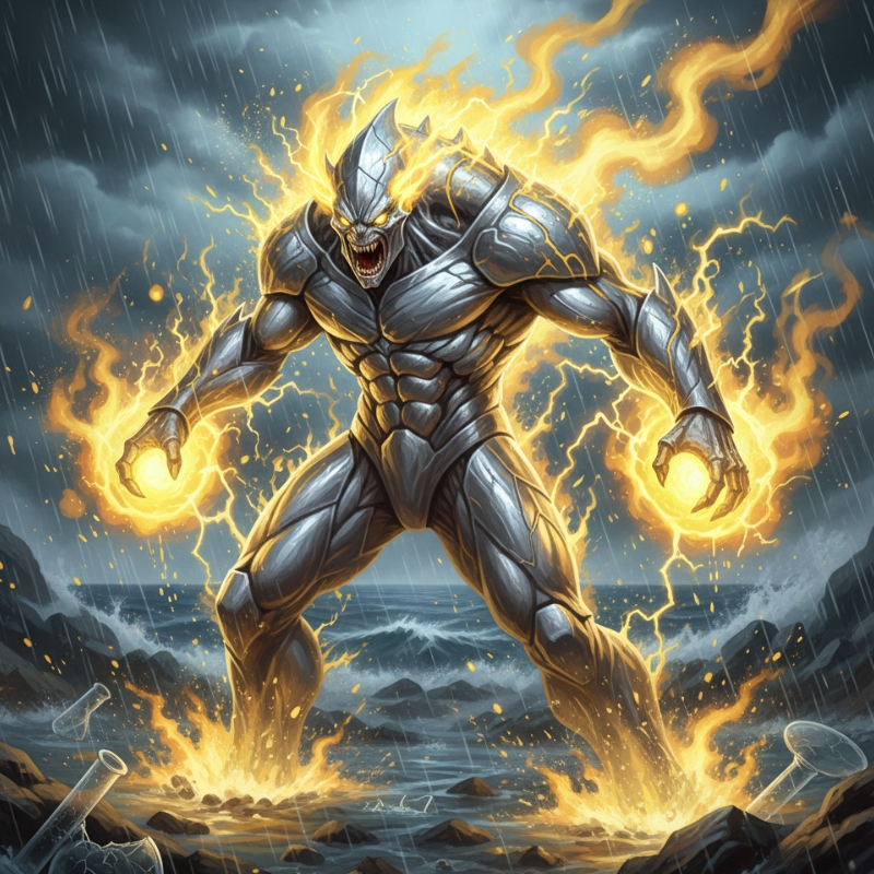 ナトリウム元素キャラクター 別解 電気と炎をまとい激しく反応する金属の巨人