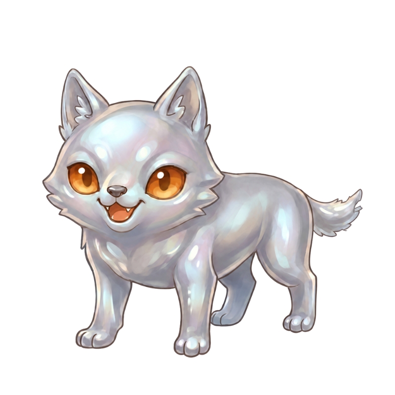 ナトリウム元素キャラクターのはじまりのかたちのキャラクターイラスト(銀色の光沢をもつ小さな動物・反応前の静かな状態)